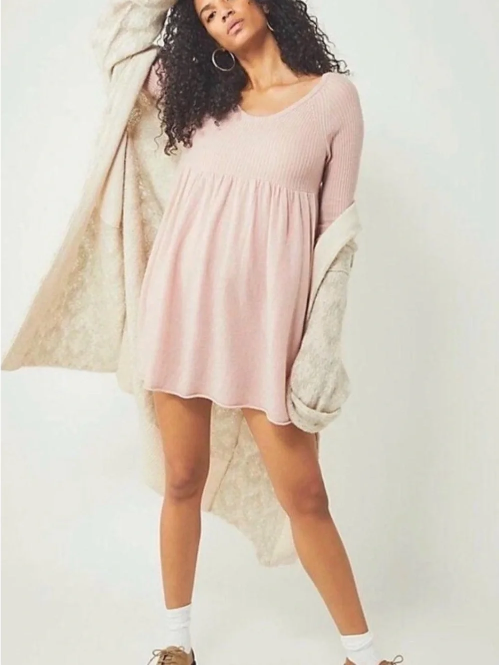 Free People Blush Pink Knit Babydoll Mini Dress